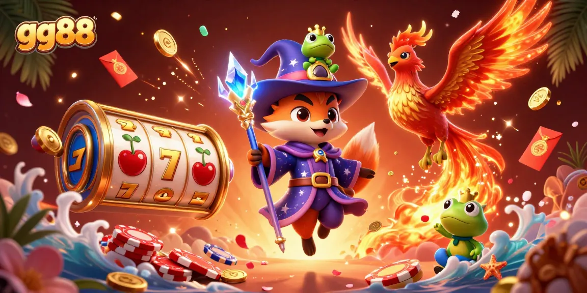 Engage with gg88 at this vibrant casino scene featuring dynamic slot reels, a wizard fox, and golden sparkles.