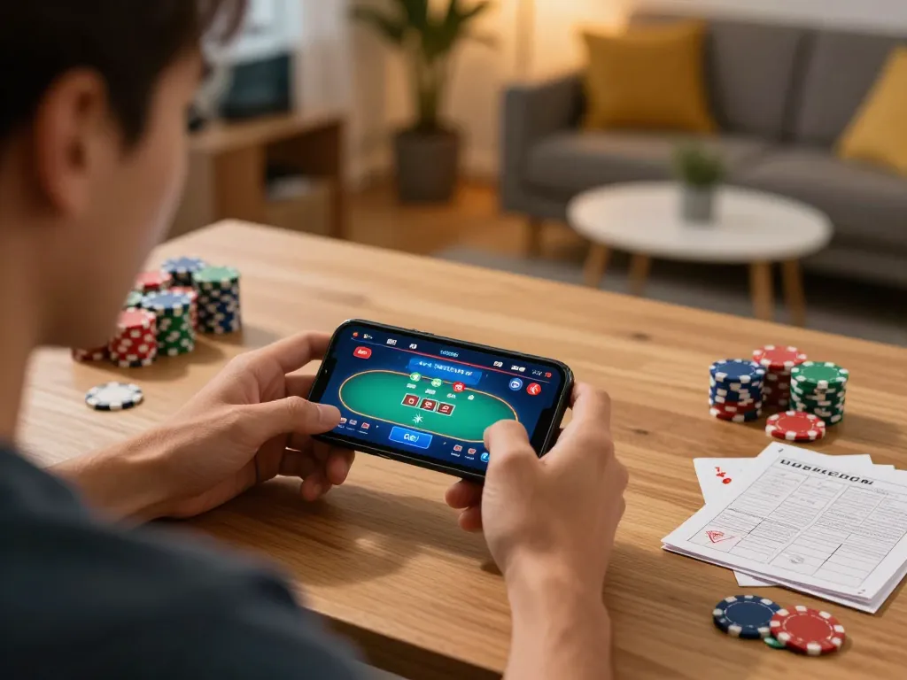 Playing online poker on the latest version of a casino app from a cozy home setup.