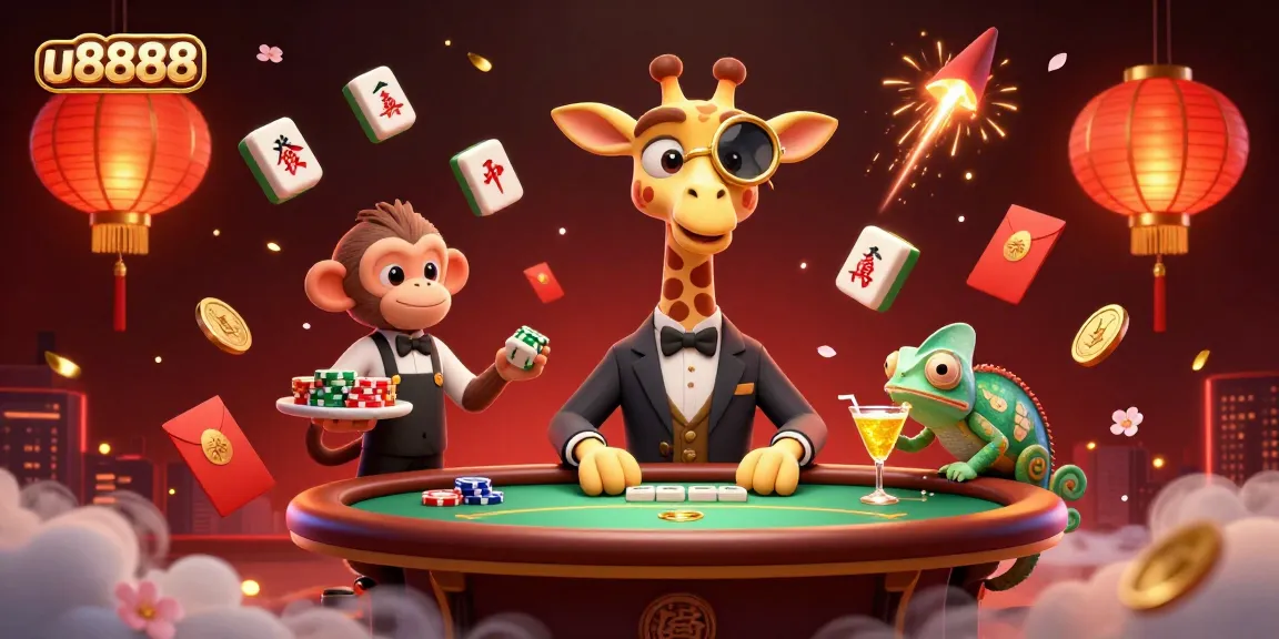 Engage with the vivid scene at u8888 featuring a high-roller giraffe at a VIP poker table with dynamic casino elements.