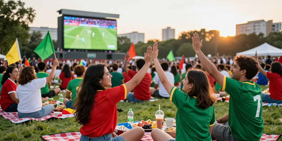 شاهدة مباريات كأس العالم بث مباشر in a lively park with fans cheering and enjoying the match atmosphere.