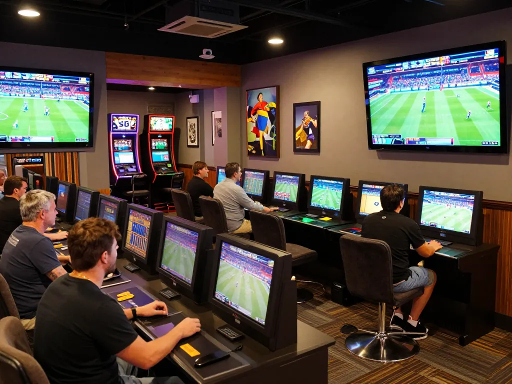 A lively sports betting area featuring patrons engaging with kèo nhà cái displays and live games, showcasing excitement.