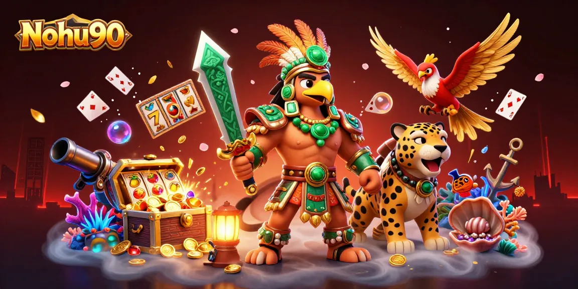 Nohu90 casino scene with Aztec warrior characters playing vibrant slots and enjoying thrilling jackpots.