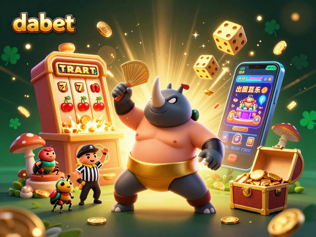 Dabet showcases a thrilling casino scene with a beetle champion and dynamic slot machines to inspire players.