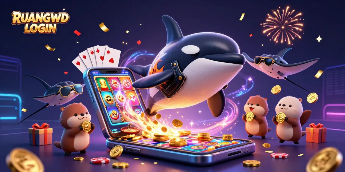 Experience exciting gameplay with RUANGWD LOGIN, featuring vibrant sea characters and slot games in a dynamic casino scene.