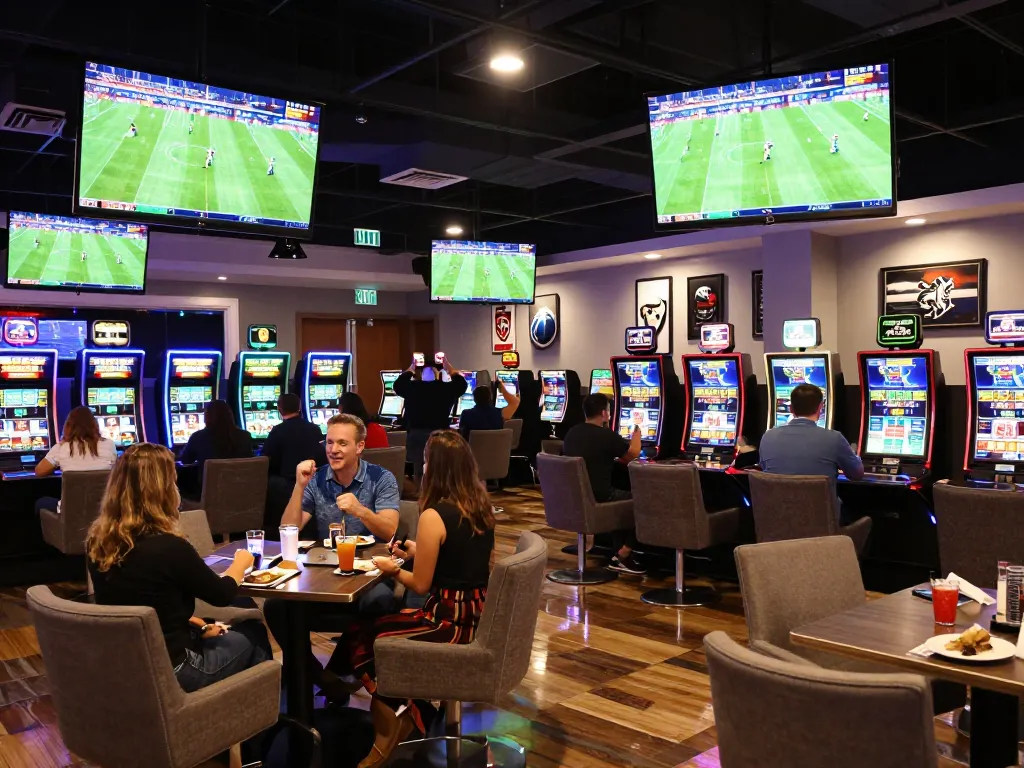 Exciting sports betting scene at a casino with patrons placing bets on 7m football matches
