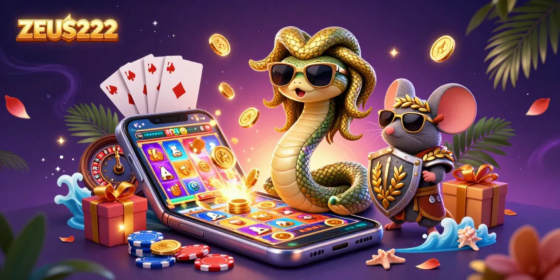Experience the excitement with ZEUS222 as a friendly Medusa and warrior mouse engage in vibrant casino activities.