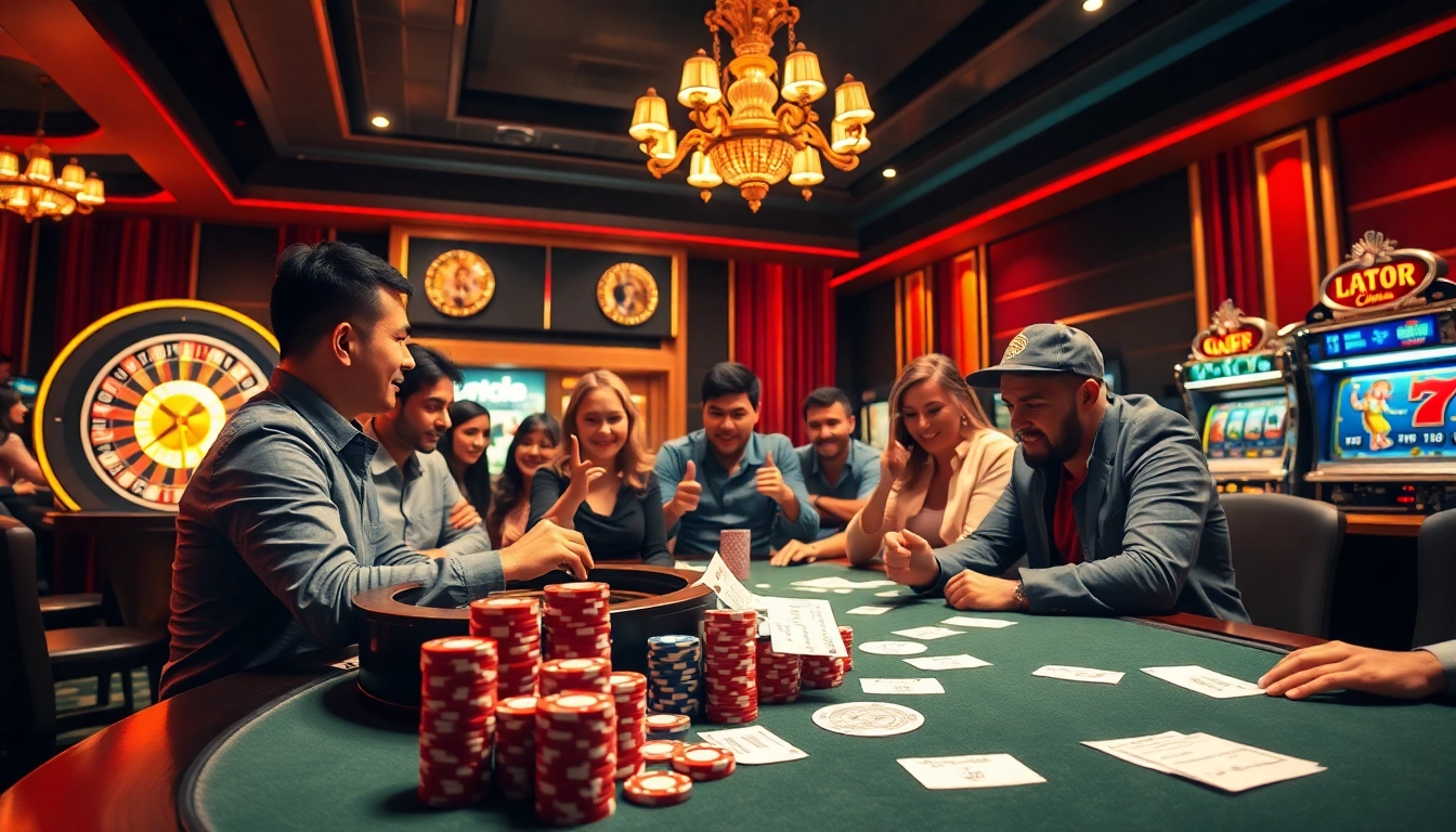 Situs Judi Bola action with players engaged at a vibrant sports betting table in a luxury casino.