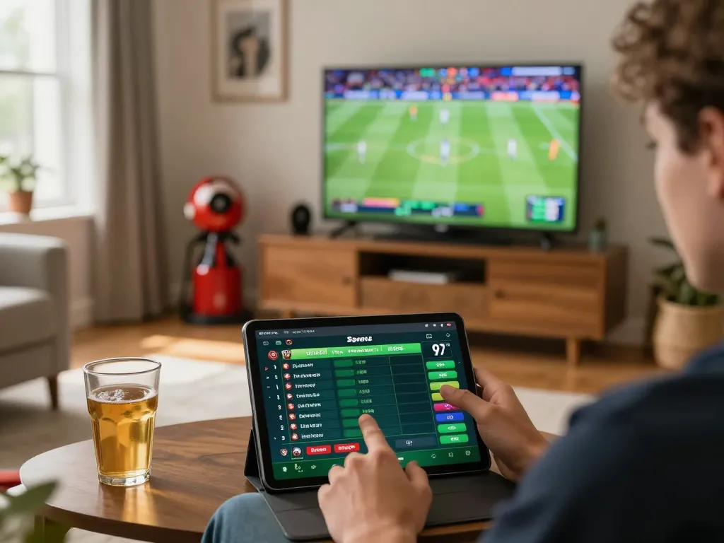 Engaging in sports betting on a tablet while viewing the top 10 trang cá cược bóng đá options in a cozy home setting.