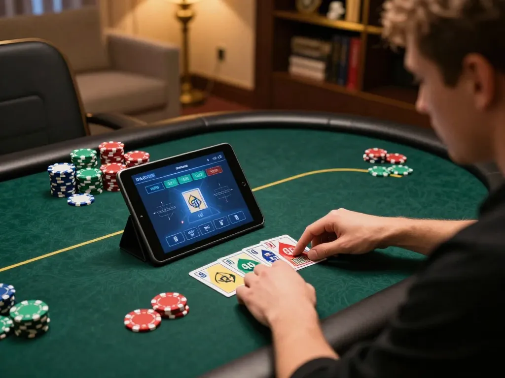 Engaged player strategizing on sky88 app in a cozy home setting during poker night