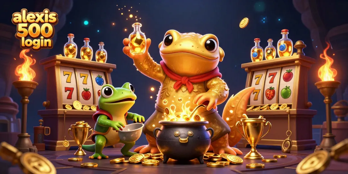 Engage with alexis 500 login in a vibrant 3D gambling scene featuring gold coins and slot reels.
