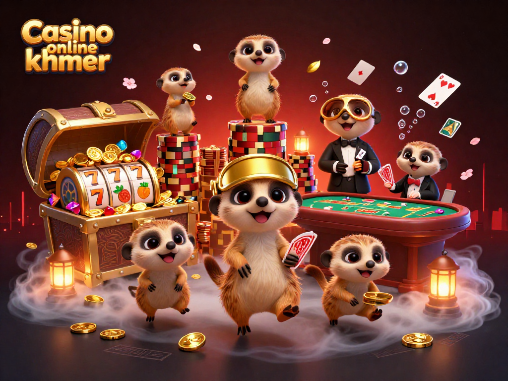 Casino online khmer showcases meerkats managing a lively casino with vibrant slot games and roulette