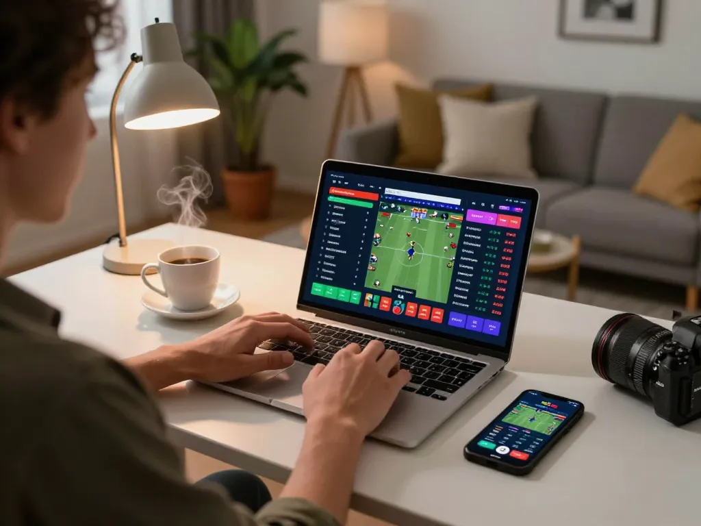 Soi kèo nhà cái hôm nay with a person engaged in online sports betting displaying live odds on a laptop.