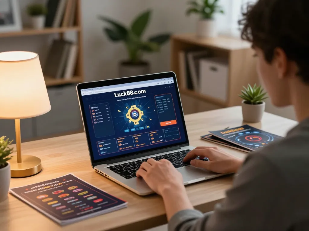 Engaging in online gambling strategies at luck88com with a laptop setup and guides visible.