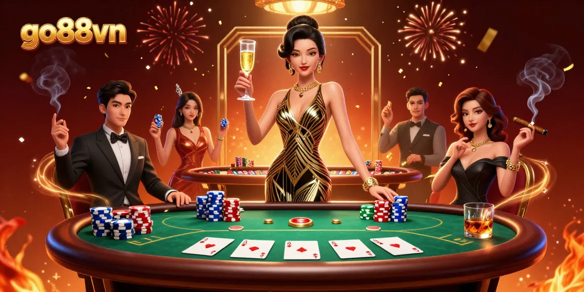 Experience the excitement of go88vn with dynamic gambling visuals surrounded by poker elements and celebratory effects.