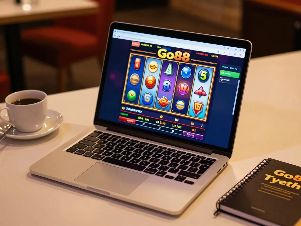 Người chơi khám phá các máy đánh bạc trực tuyến của Go88 trên laptop tại nhà, không khí chơi game sôi động.