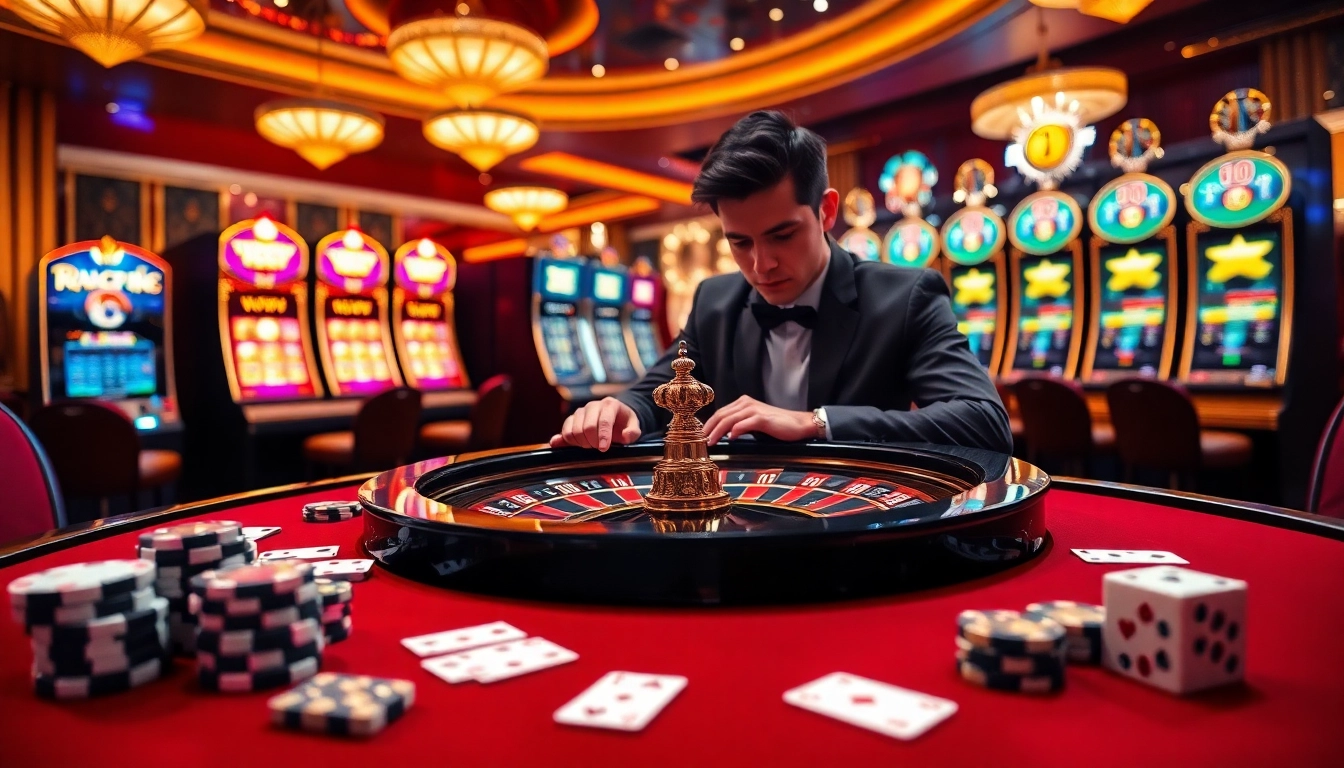 Engaging scene of players at RR99 GAME roulette table, surrounded by vibrant casino elements.