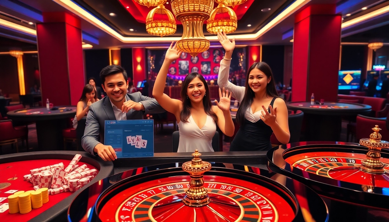 Gamblers celebrating wins while enjoying LV 88 casino games, showcasing excitement and luxury.