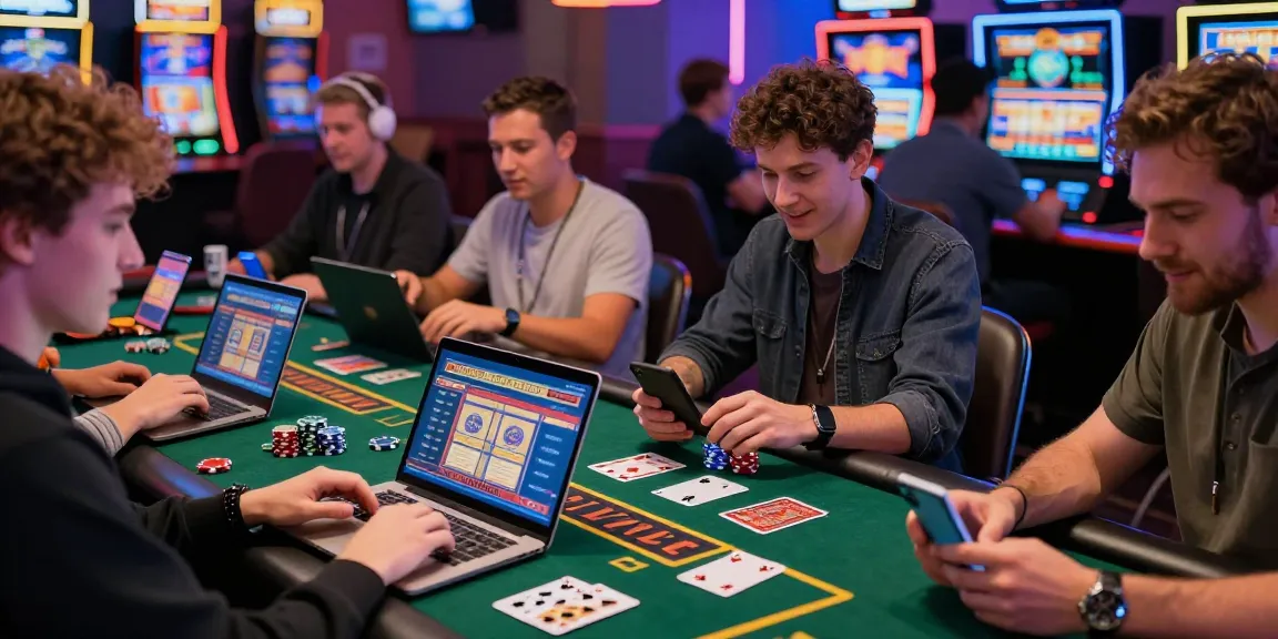 Engaged players at a vibrant credit card casino from https://thegbhouse.co.uk/ using laptops and smartphones, illustrating the thrill of online gambling.