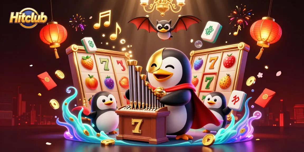 Hitclub penguin plays organ shooting coins in a vibrant casino scene filled with slot reels and lucky symbols.