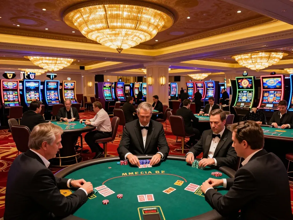 IWIN68 players engaged at upscale poker tables, showcasing vibrant casino atmosphere and gameplay.