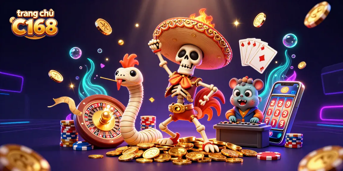 Experience thrilling victories at trang chủ C168 with lively casino characters, golden coins, and vibrant gaming elements.