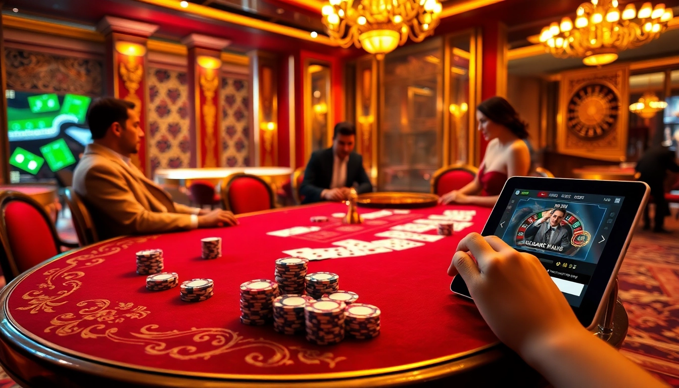 Experience the thrilling poker action at k88win with a luxurious casino scene featuring vibrant playing cards and polished chips.