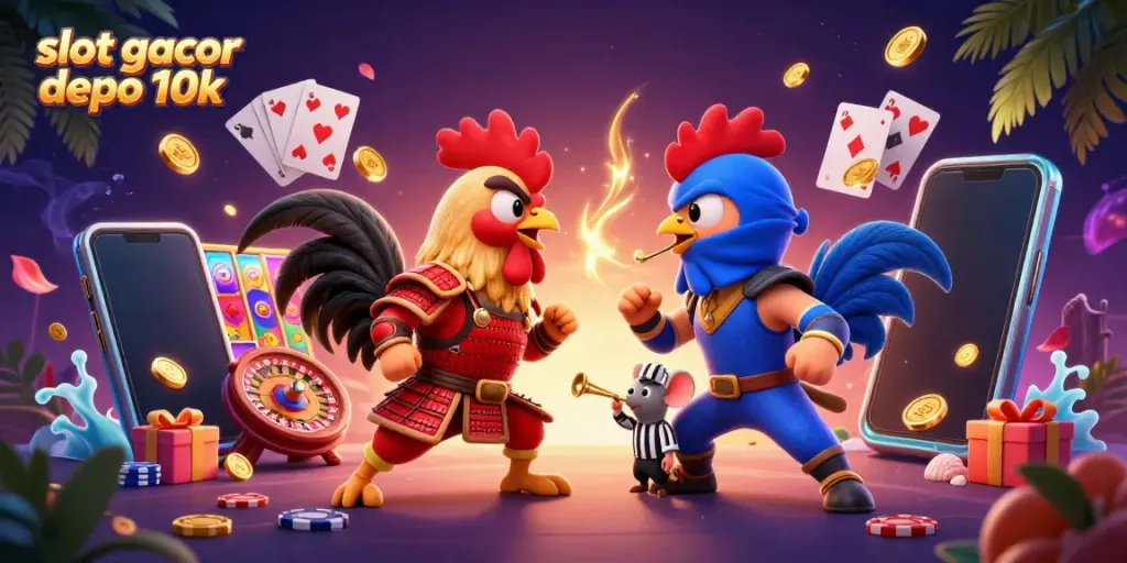 Slot gacor depo 10k dalam ilustrasi 3D menghadirkan pertarungan ayam dan elemen kasino yang hidup.