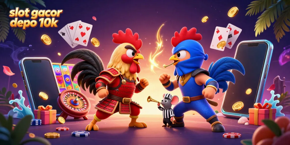 Slot gacor depo 10k dalam ilustrasi 3D menghadirkan pertarungan ayam dan elemen kasino yang hidup.