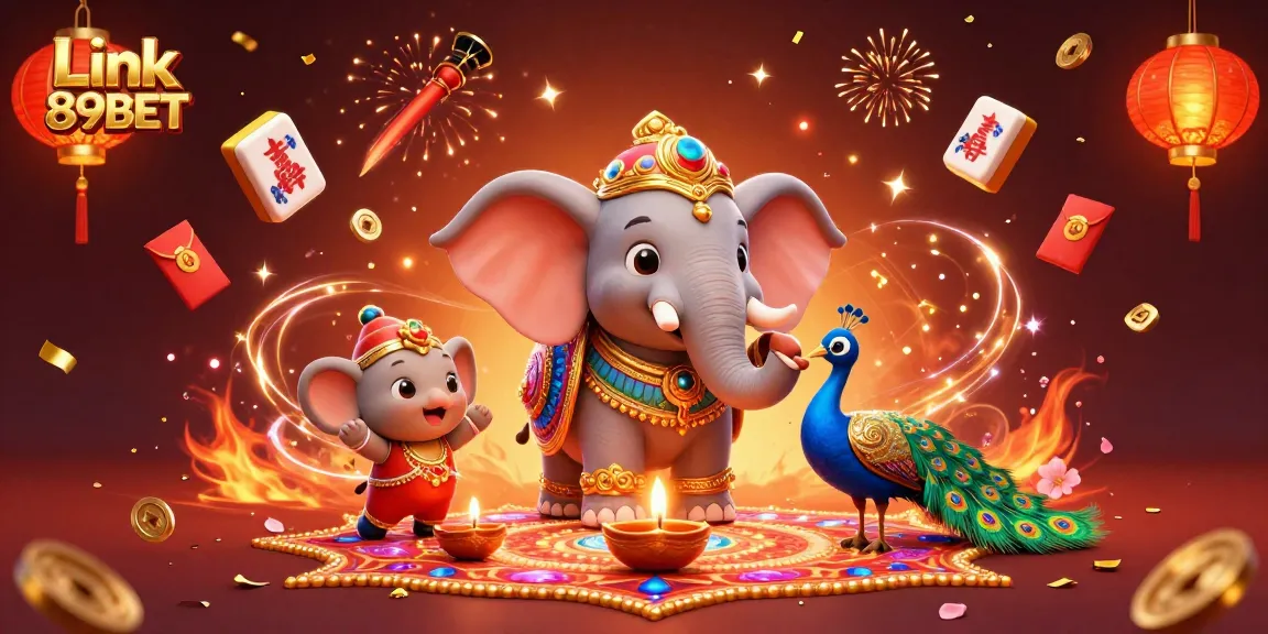 Engage with Link 89BET's vibrant casino experience featuring dynamic slot symbols and festive characters.
