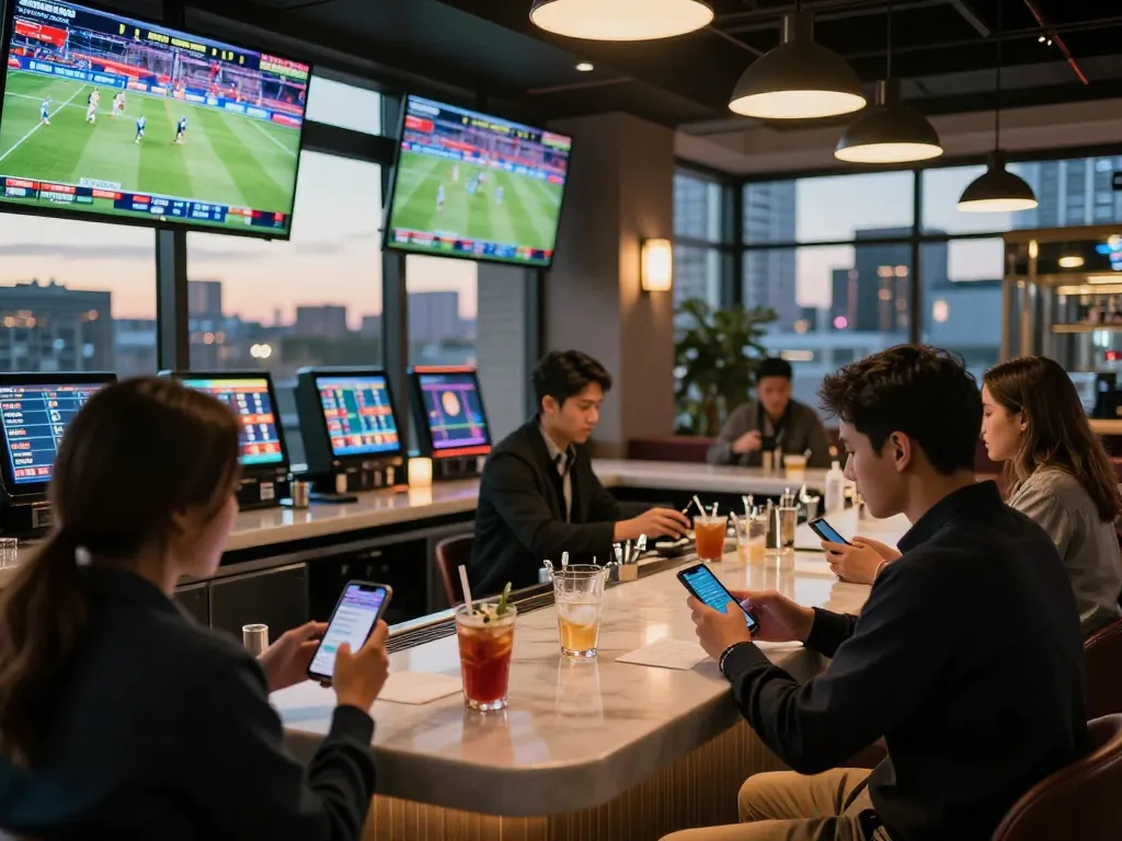 tg88 players analyzing bets in a vibrant sports betting lounge with live odds displayed