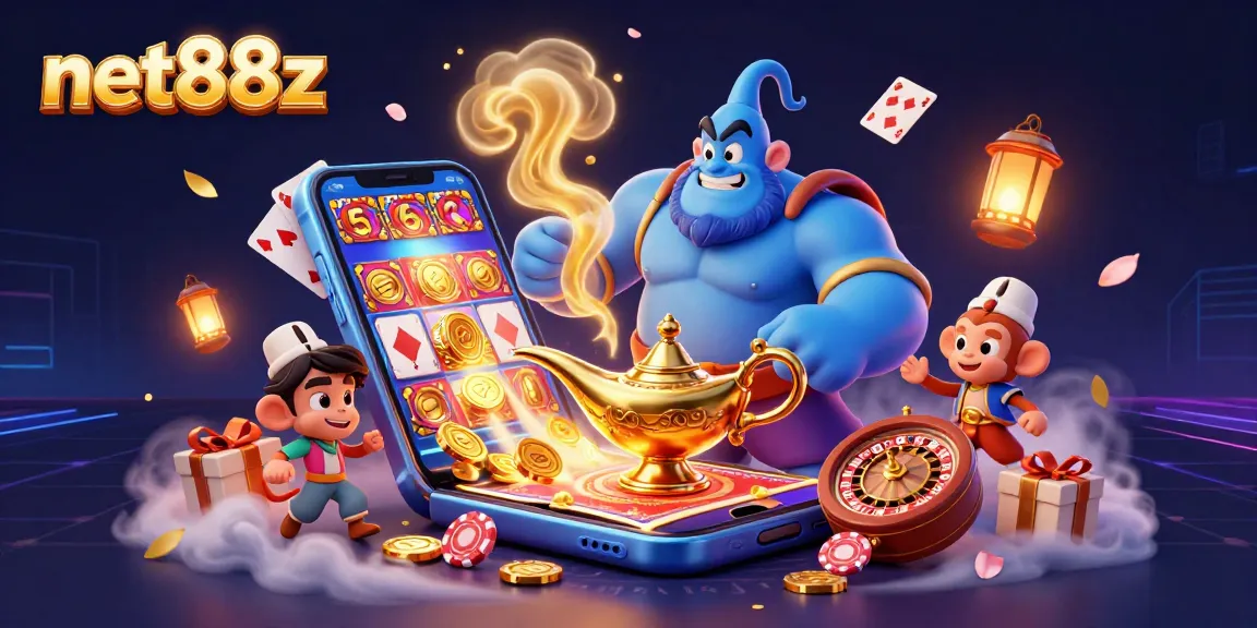Experience thrilling gameplay with net88z featuring a vibrant scene of a genie, a monkey, and a magic carpet.