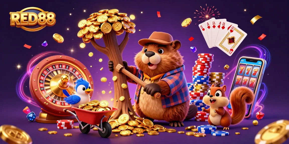 Win big with RED88! Join players enjoying thrilling casino games amidst a shower of coins.