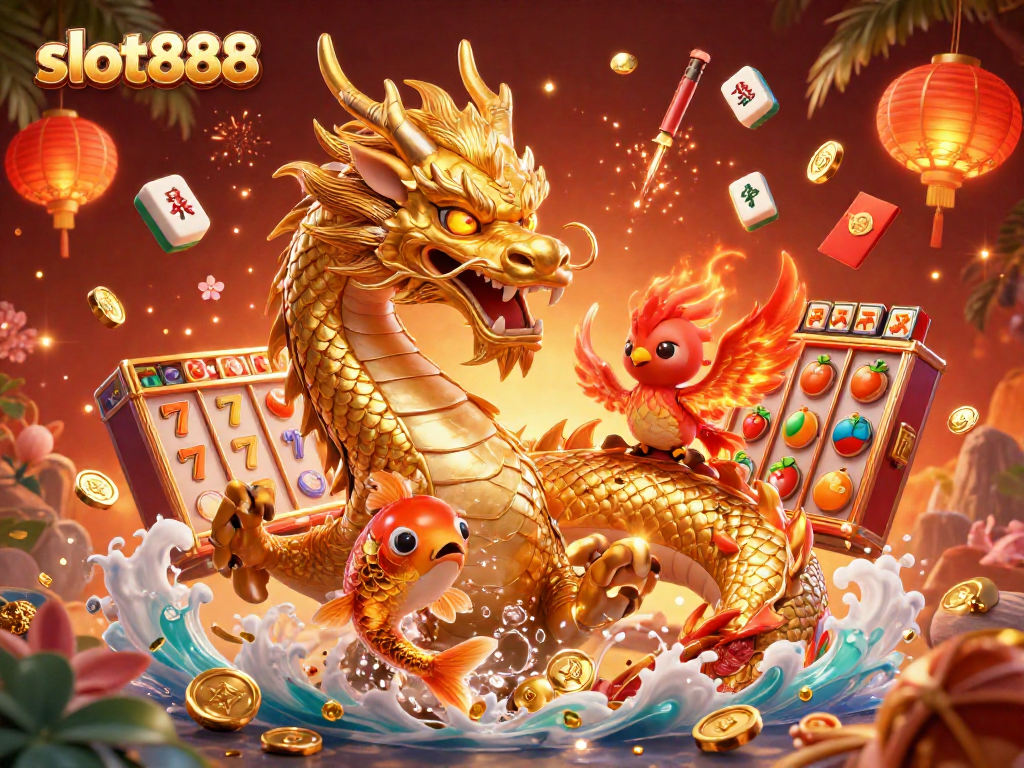 Menangkan slot888 dengan karakter naga emas dan ikan koi beruntung dalam suasana kasino.