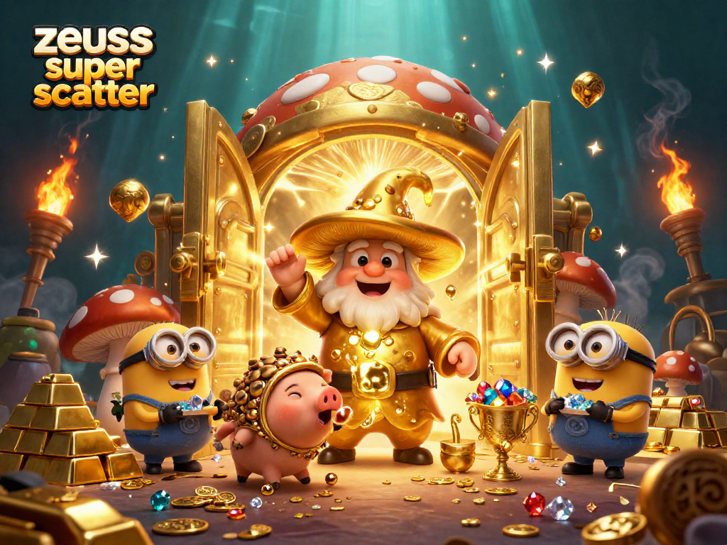 Experience the excitement of zeus super scatter with a magical scene of golden treasures and whimsical characters.
