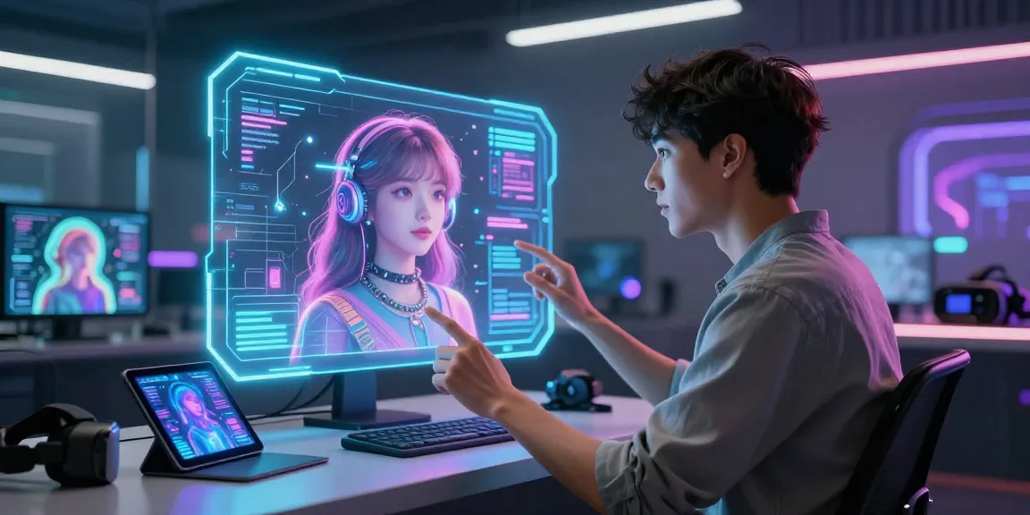 Vibrant NSFW AI interaction scene showcasing user engagement with customizable holographic AI companion in a futuristic workspace.