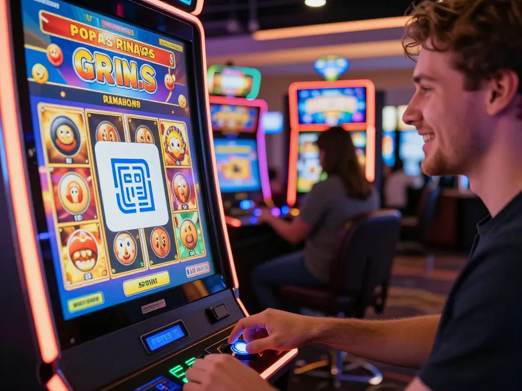 Player enjoying slot qris payment method at a vibrant casino machine, capturing excitement and technology.