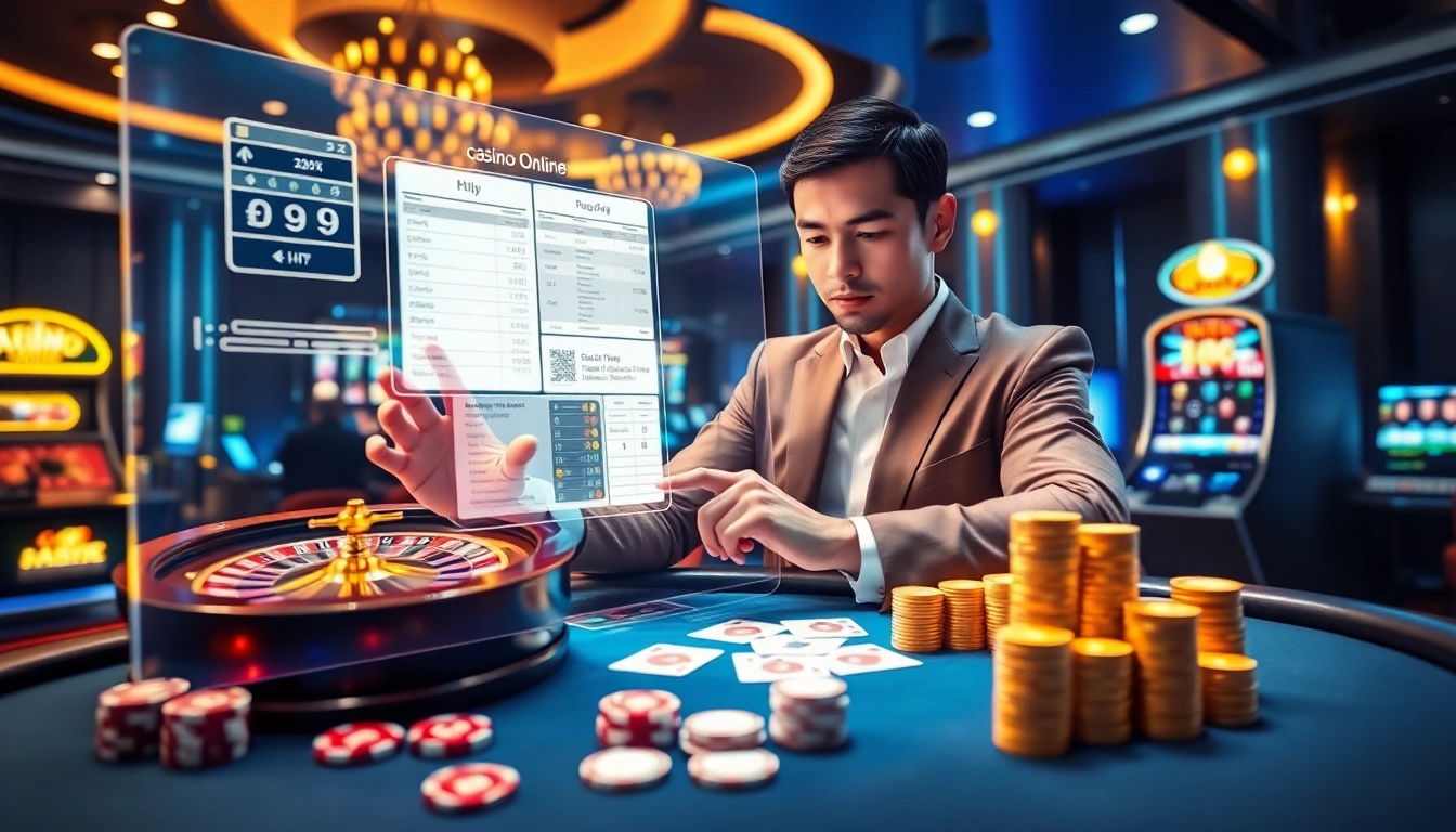 Professional gambler placing bets on advanced Nhà cái casino Online interface with digital roulette and poker chips