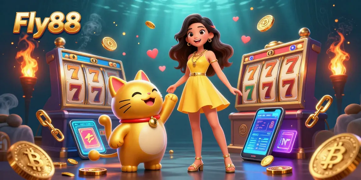 Experience the excitement at Fly88 with vibrant slot reels and golden lucky symbols.