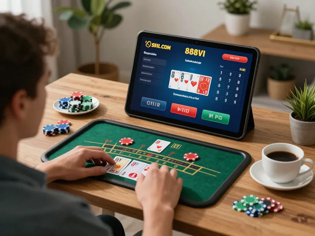 Experience the thrill of 888VI COM as a player engages in strategic blackjack gameplay at home