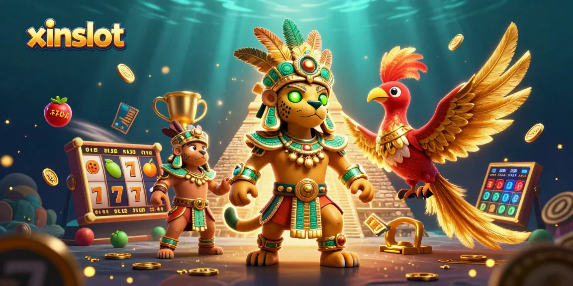XINSLOT interactive slot gaming scene full of vibrant jackpots and animated characters.