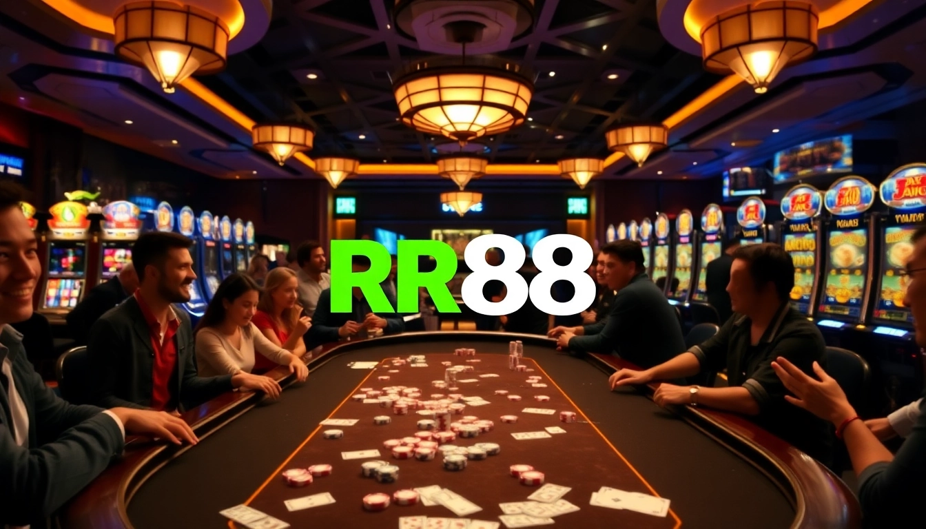 Experience thrilling gameplay at RR88 with stylish casino tables and vibrant gaming elements.