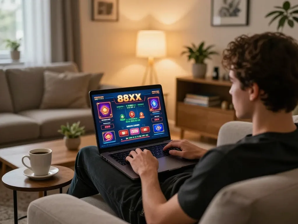 An engaged player experiencing 88xx online gaming during a cozy home session, laptop showing vibrant casino interface.