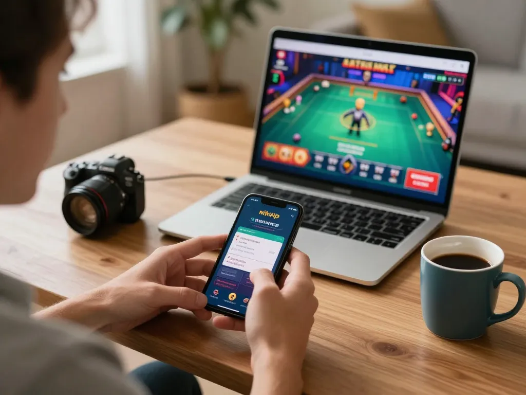 Engaged player enjoying the rikvip casino app on smartphone in a comfortable home setting.
