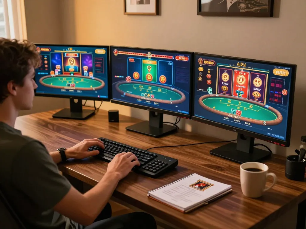 Player engages in thrilling games at hit club online casino setup, surrounded by gaming gear and strategy notes.