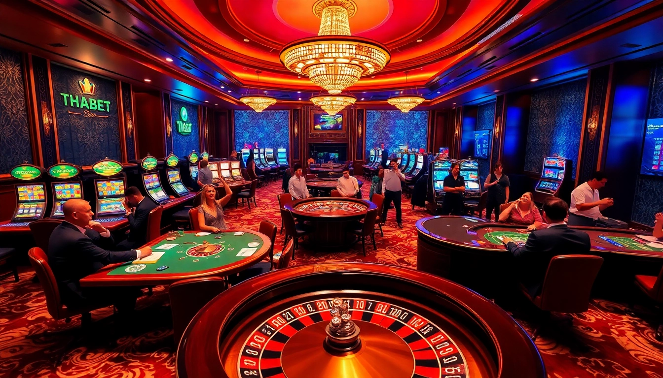 Exciting gameplay at thabet casino with poker tables, slots, and lively gamblers.