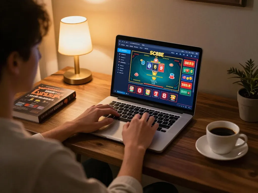 Player engaging with SC88E online casino, showcasing an inviting home gaming setup with poker visible on screen.