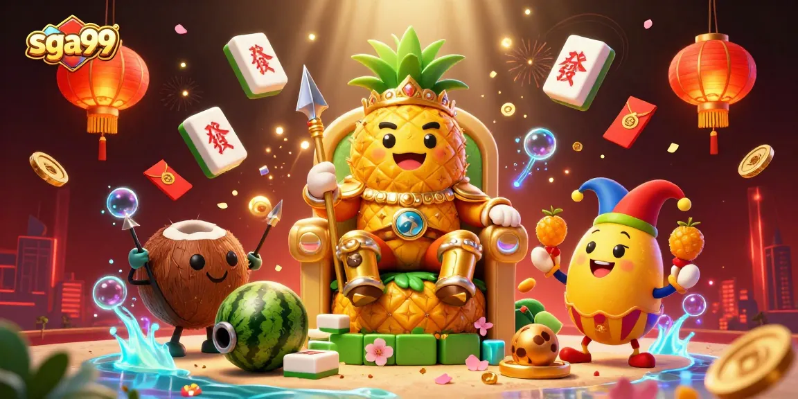 Engage with sga99's vibrant casino world featuring a golden pineapple king and lively characters.