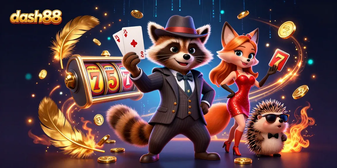 Experience thrilling games at dash88 with a suave raccoon, stylish fox, and hedgehog bouncer in this vibrant casino scene.