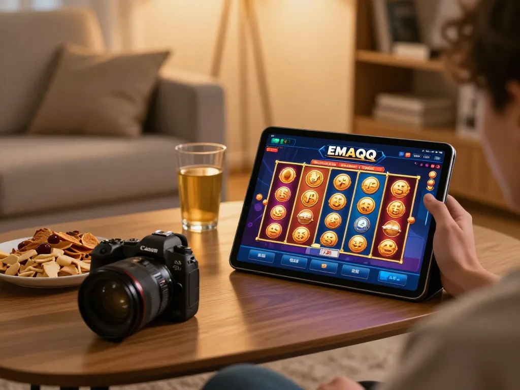 Berinteraksi dengan aplikasi EMAQQ di tablet sambil menikmati pengalaman bermain game di rumah yang nyaman