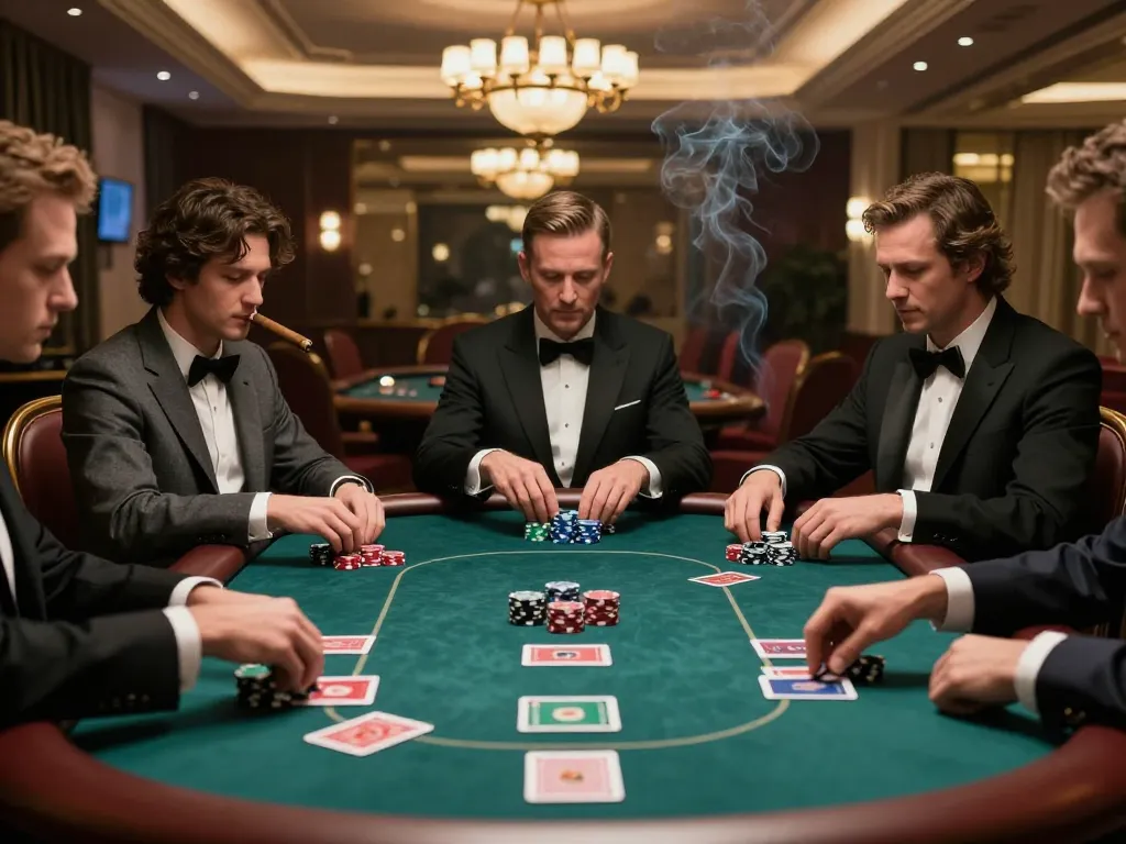 B52club players engaged in a high-stakes poker game in an elegant setting.